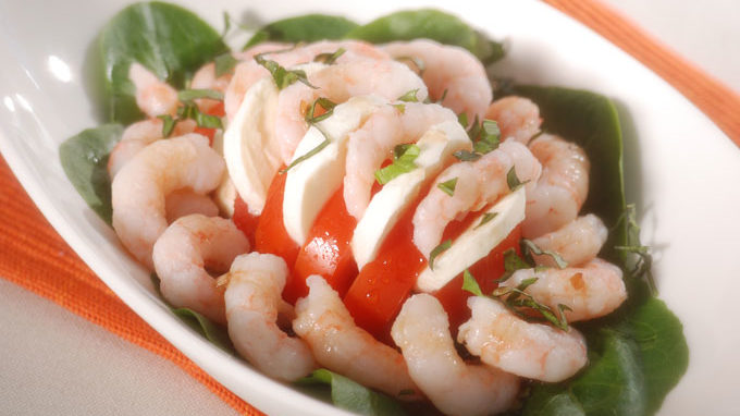 A bowl of Shrimp, Tomato and Bocconcini Salad