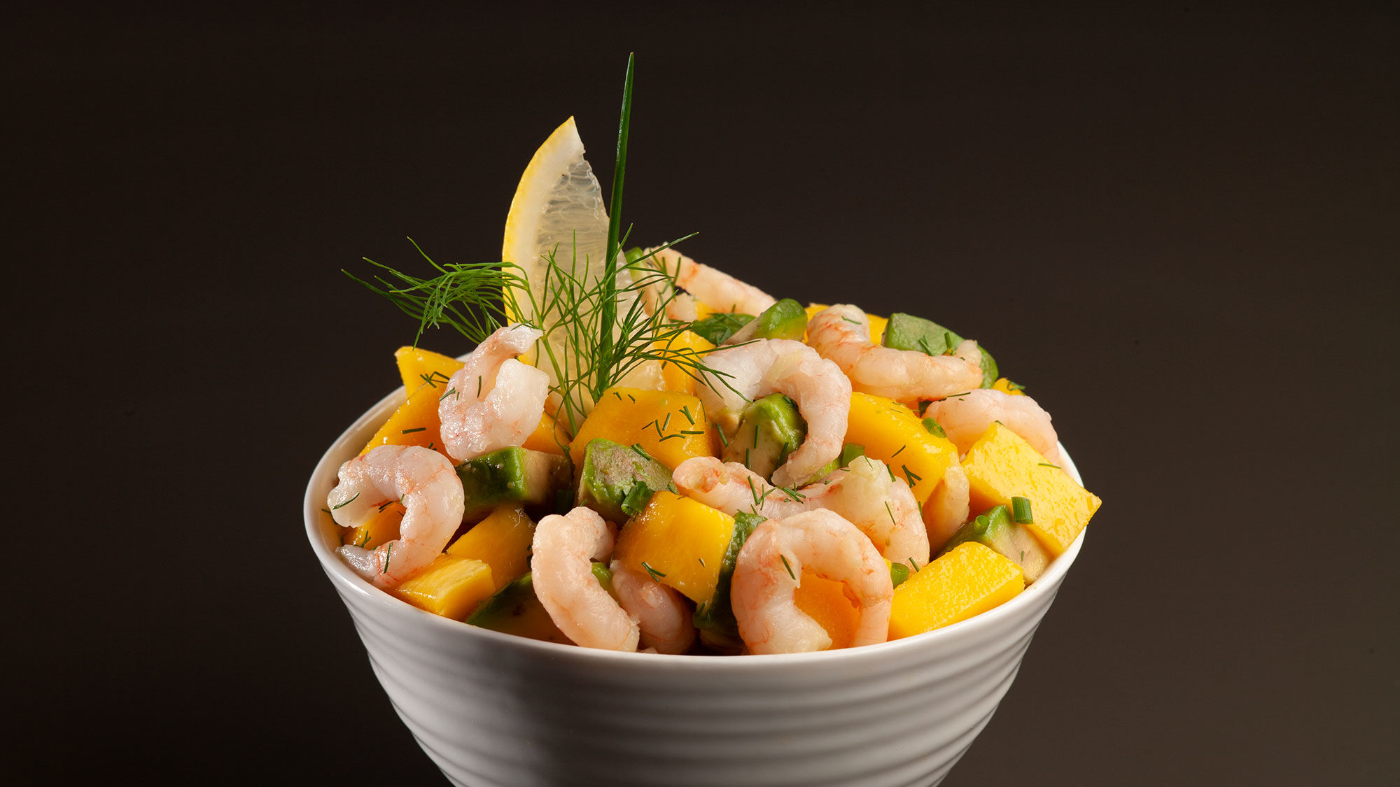 plated coldwater shrimp, mango and avocado salad